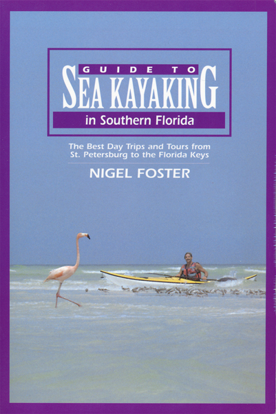 Flamingo on the sandbar in Florida on the cover of the Guide to Sea Kayaking Southern Florida